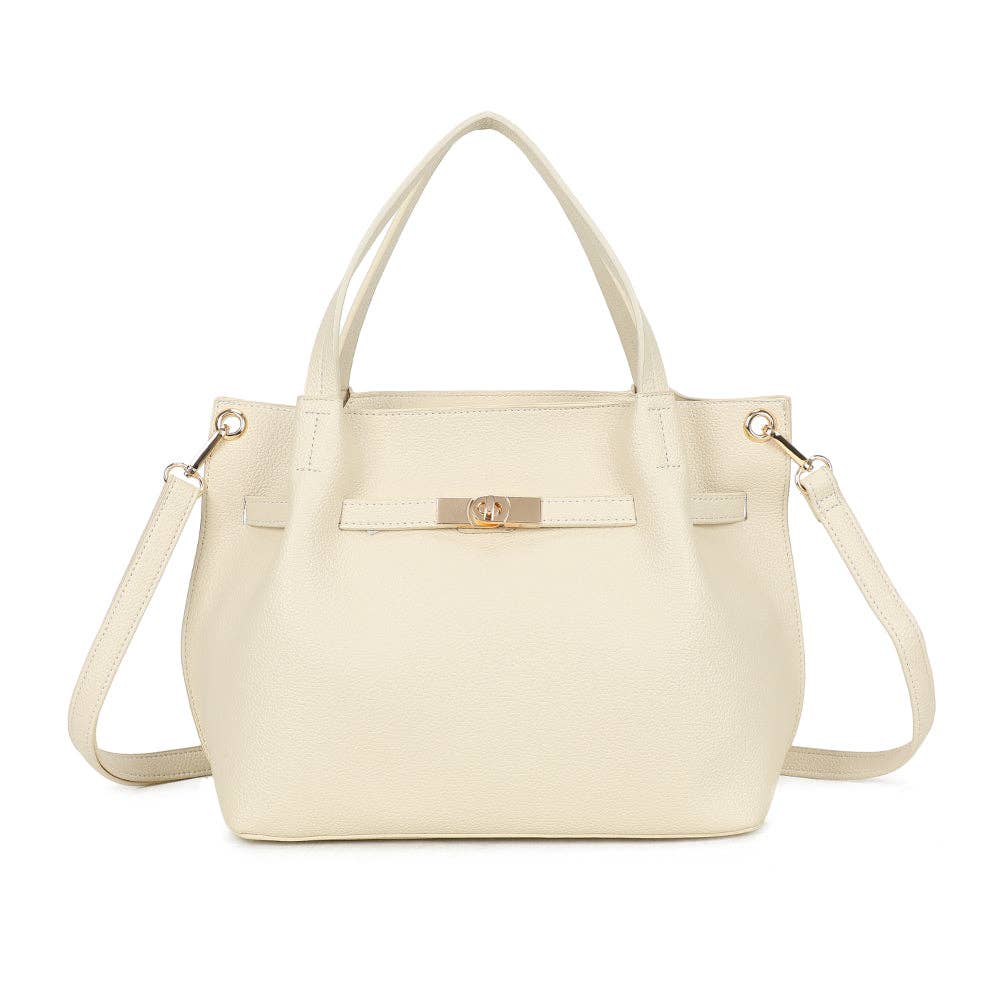 Sac à main texturé Talyne REF 126 couleur crème vanille vu de face avec fermoir métallique doré et bandoulière amovible.