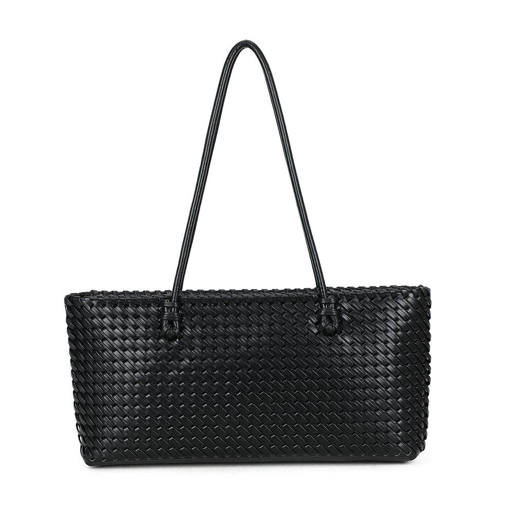 Sac cabas rectangulaire tressé Bréva REF 124 couleur noir profond avec anses fines et nœuds décoratifs.