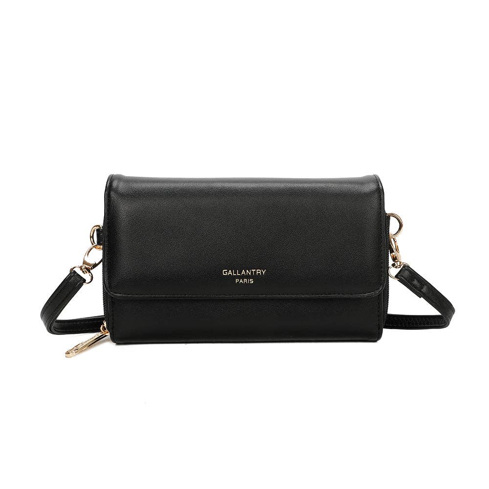 Petit sac à main Naélys REF 133 couleur noir profond en cuir synthétique mat avec rabat et bandoulière fine.