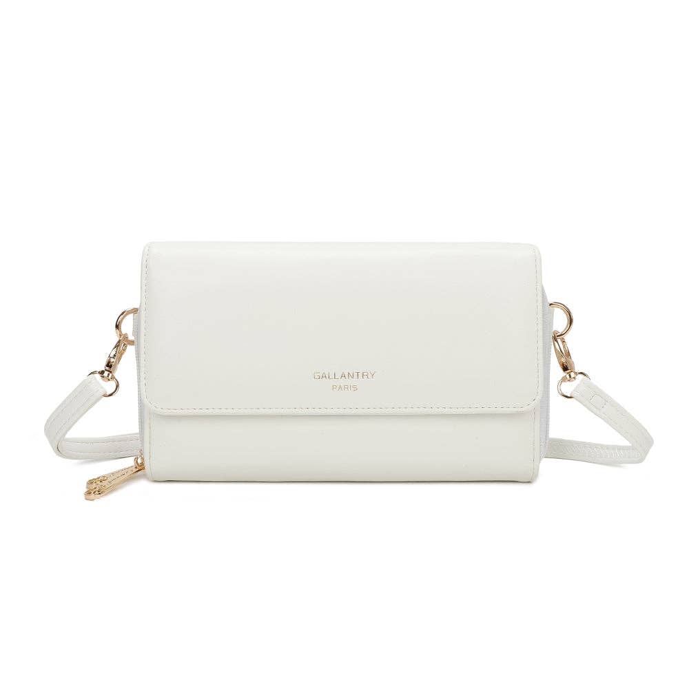Sac pochette portefeuille Naélys REF 131 couleur blanc pur avec bandoulière amovible et logo doré Gallantry Paris.
