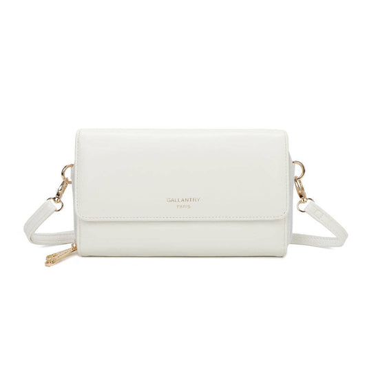 Sac pochette portefeuille Naélys REF 131 couleur blanc pur avec bandoulière amovible et logo doré Gallantry Paris.