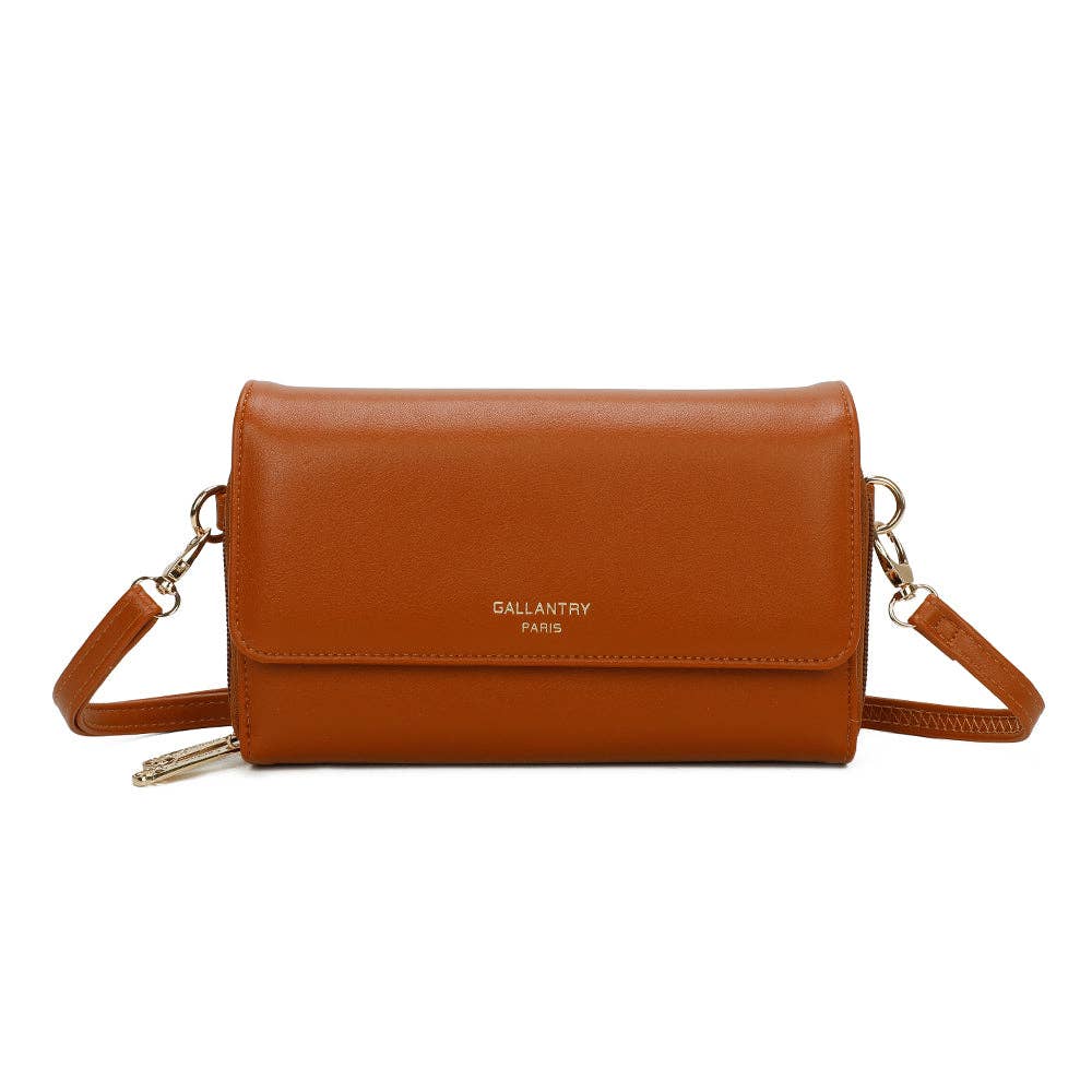 Sac pochette 2-en-1 Naélys REF 136 couleur marron camel avec compartiments zippés et anse bandoulière.