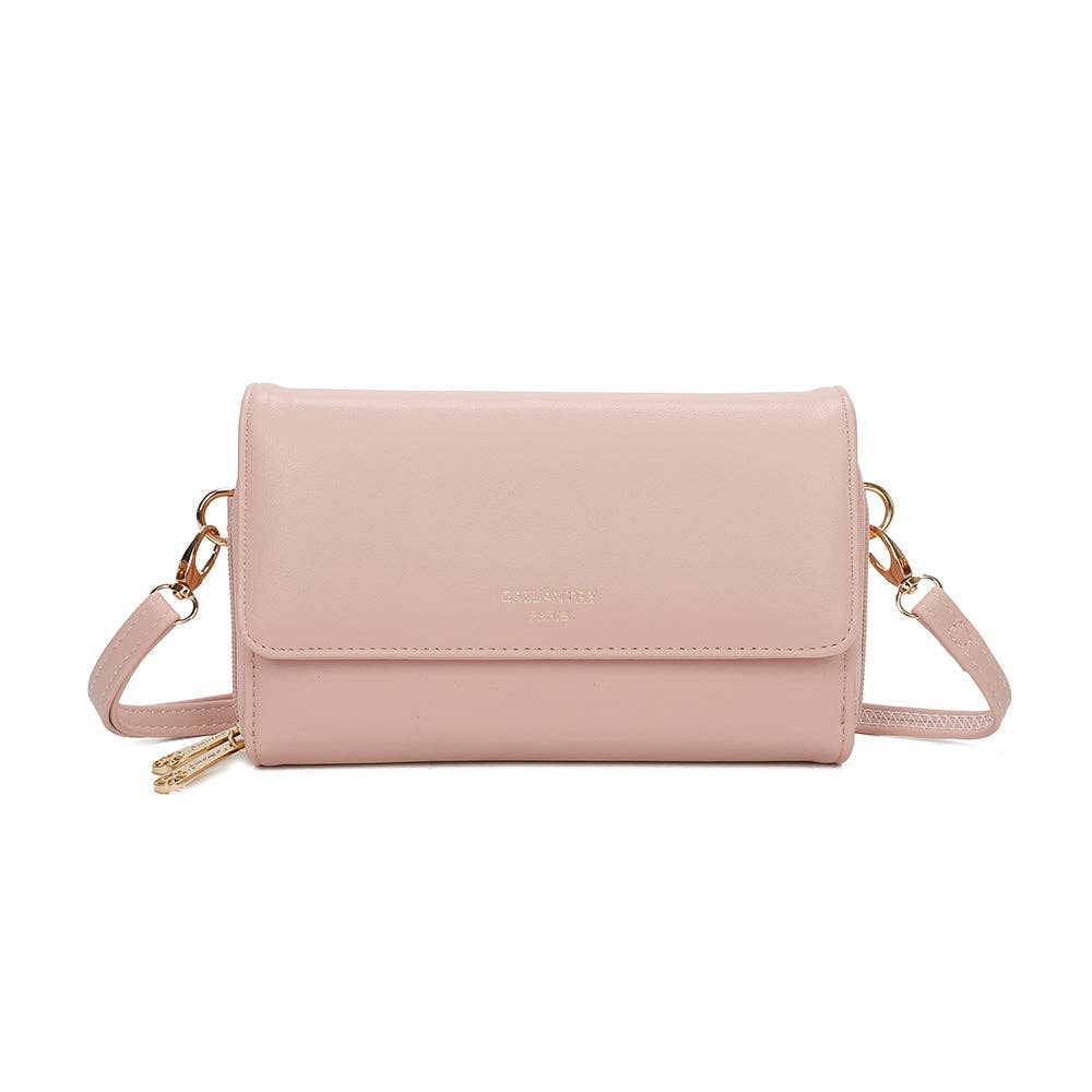 Sac à main pochette Naélys REF 135 couleur rose poudré délicat avec mousquetons dorés et rabat minimaliste.