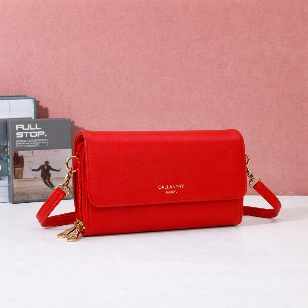 Sac portefeuille compagnon Naélys REF 132 couleur rouge passion avec double fermeture éclair et détails métalliques dorés.